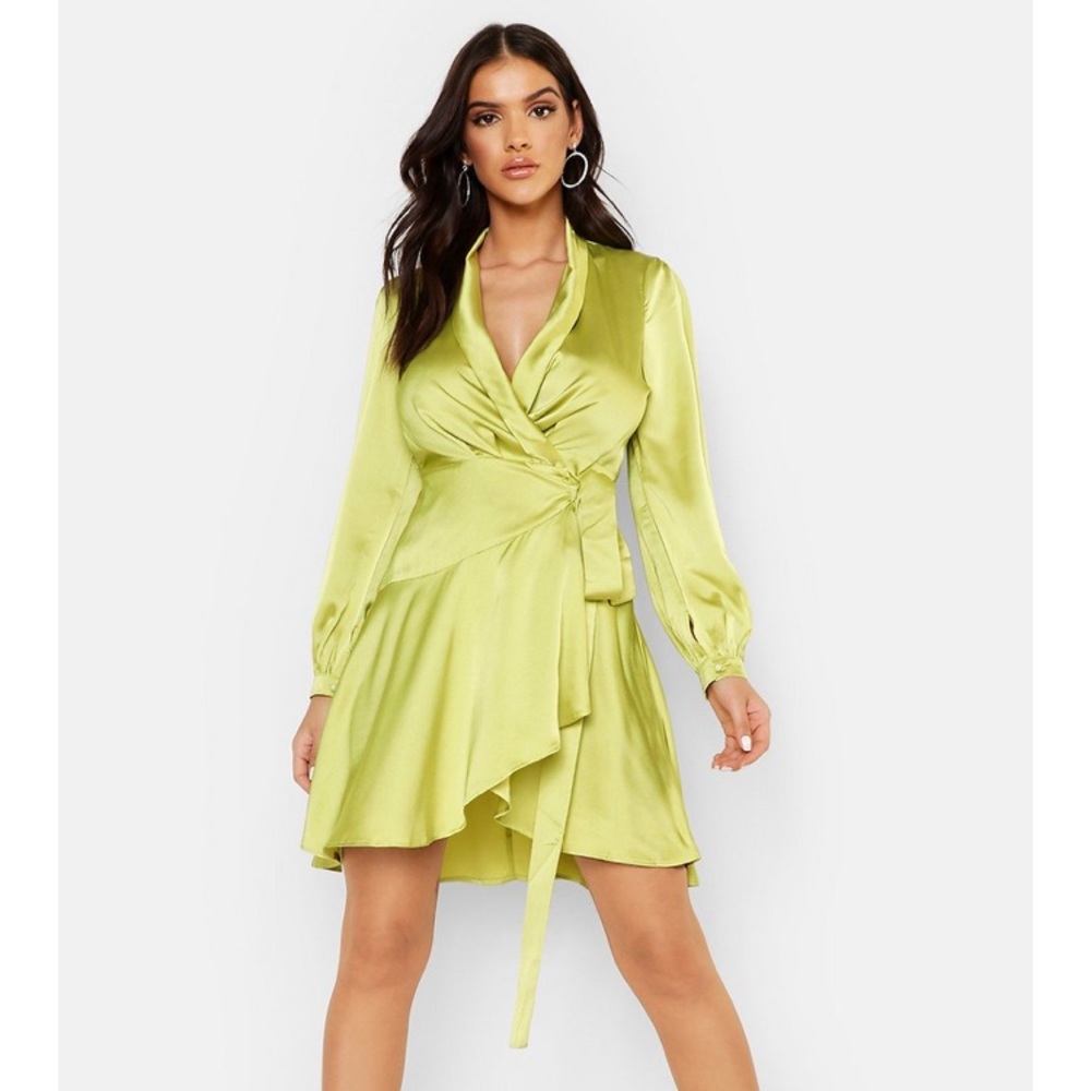 Chartreuse Satin Wrap Detail Skater Dress
